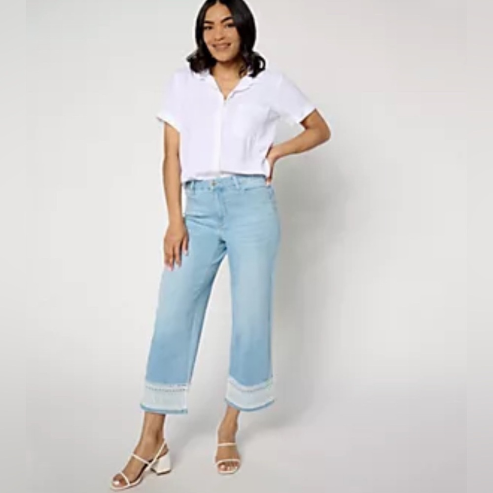 Susan Graver Plus Size Stretch Denim Wide Leg Crop Jean with Lace Trim 20WP NWOT